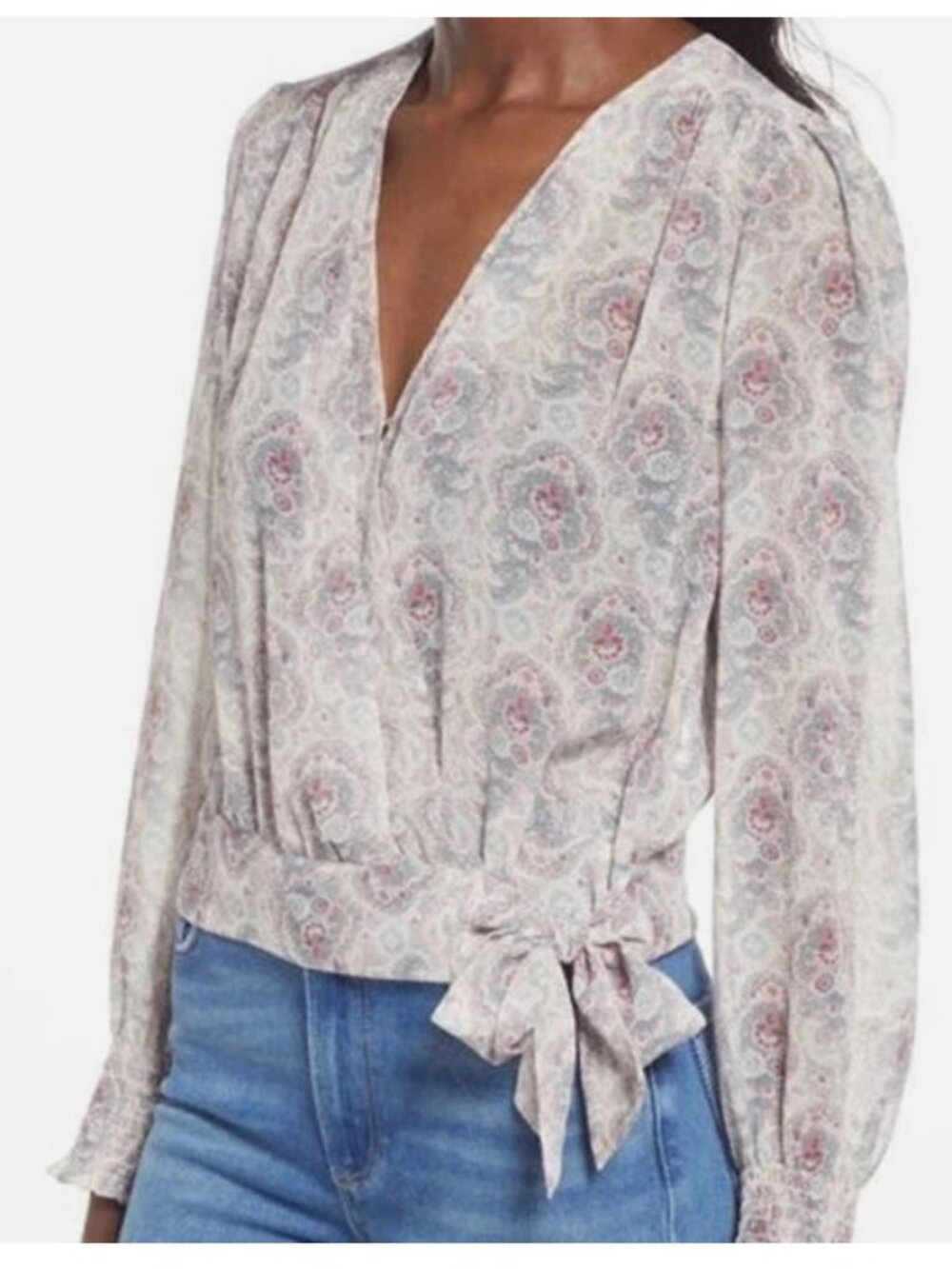 PAIGE Ecru Paisley Margherita Faux Wrap Semi-Sheer Chiffon Puff Sleeve Blouse